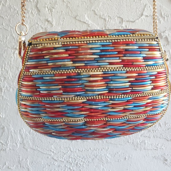 RAMLA Glass Beaded Bag Handmade Multicolor Clutch Crossbody Brass Unique Party